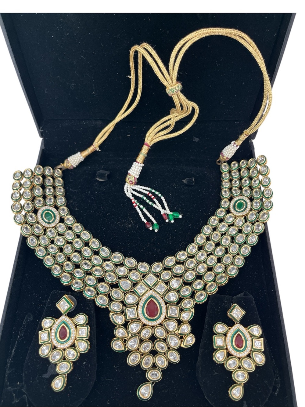 Bollywood Jodha Akbar Bridal Kundan Necklace Earrings Ruby Red Emerald Green